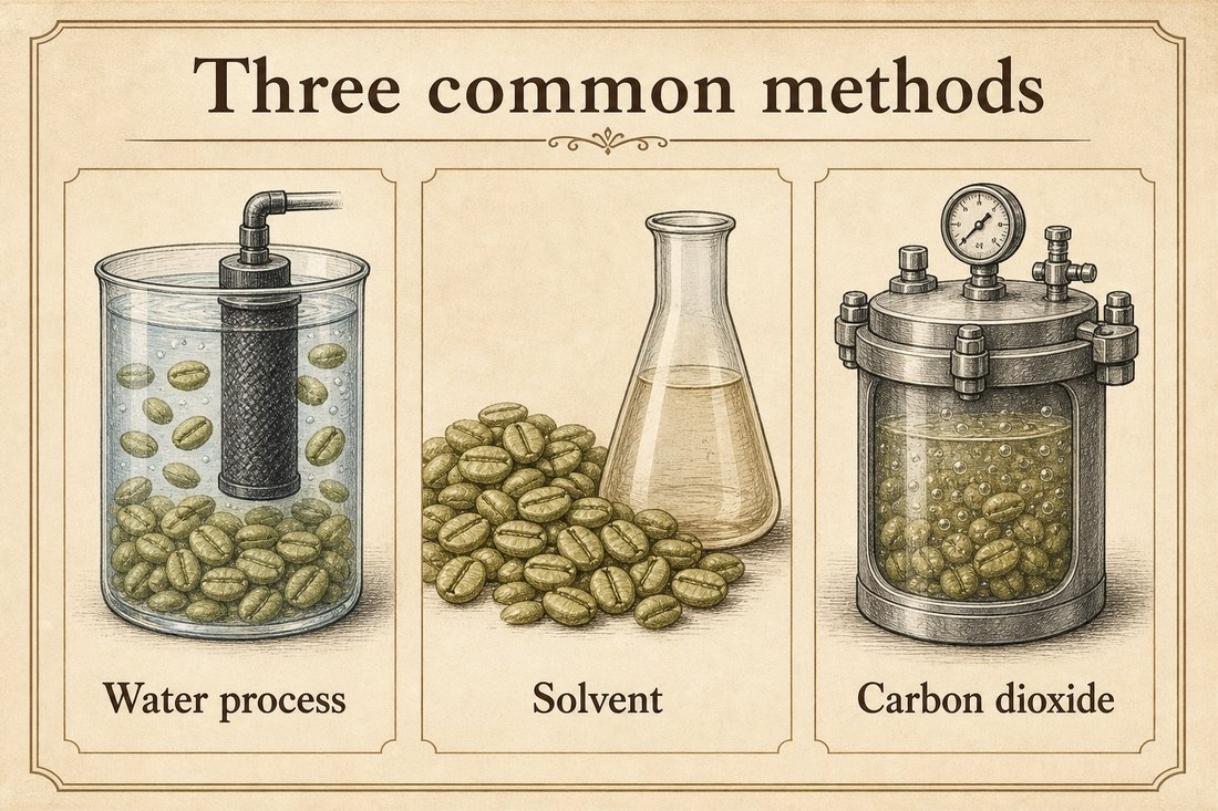 Three common decaf routes shown as water process, solvent, and carbon dioxide