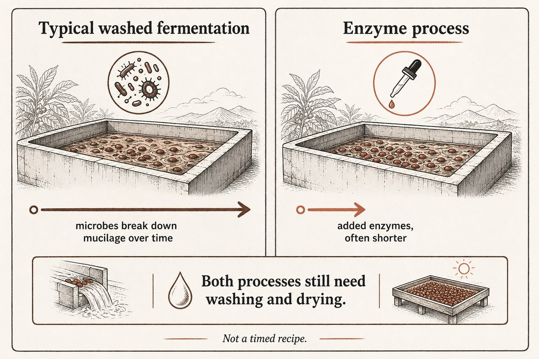 Typical washed fermentation relying on microbes compared with added pectinase and a shorter process