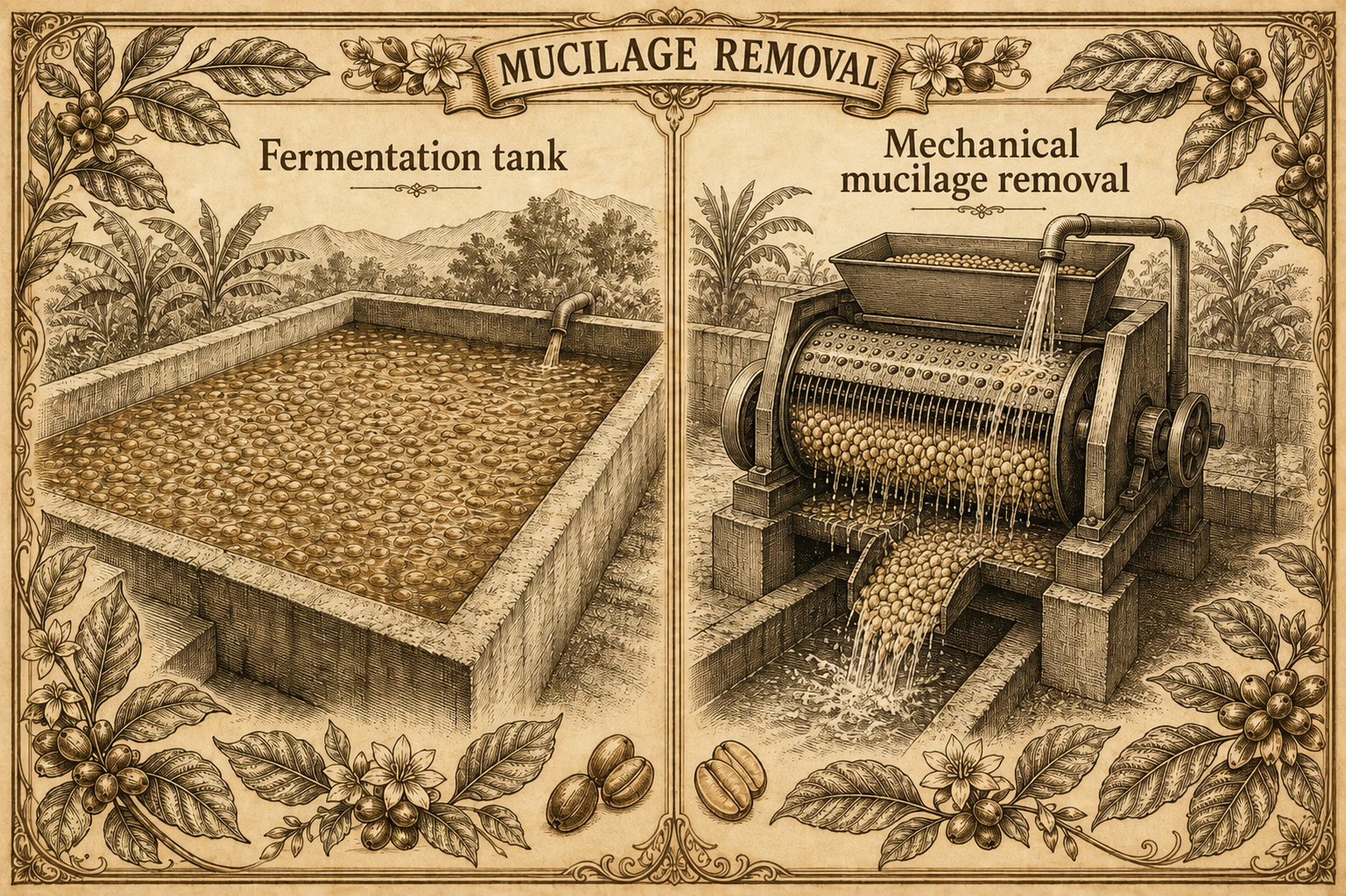 Tank fermentation loosening mucilage beside a machine stripping it by friction