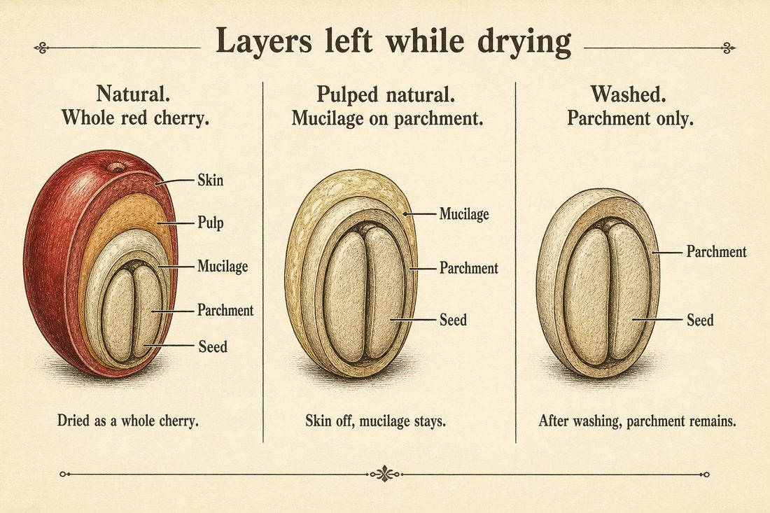 Natural, pulped-natural, and washed coffee compared by the fruit layers remaining during drying
