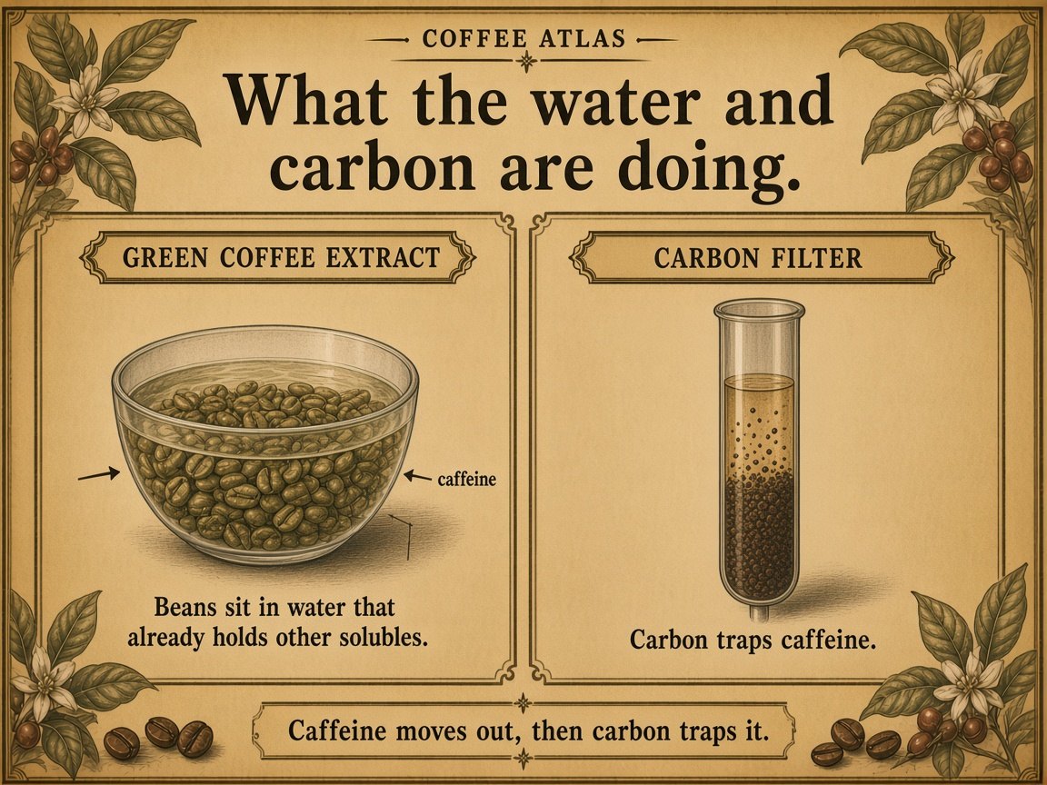 Green coffee in extract already holding coffee solubles, with caffeine moving out and carbon filters trapping it