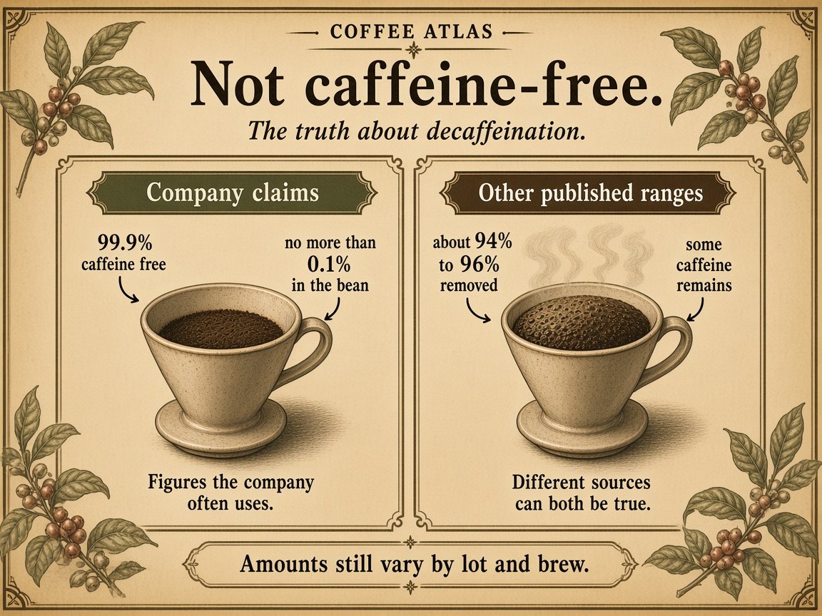 Company caffeine-free claims contrasted with other published removal ranges; some caffeine remains