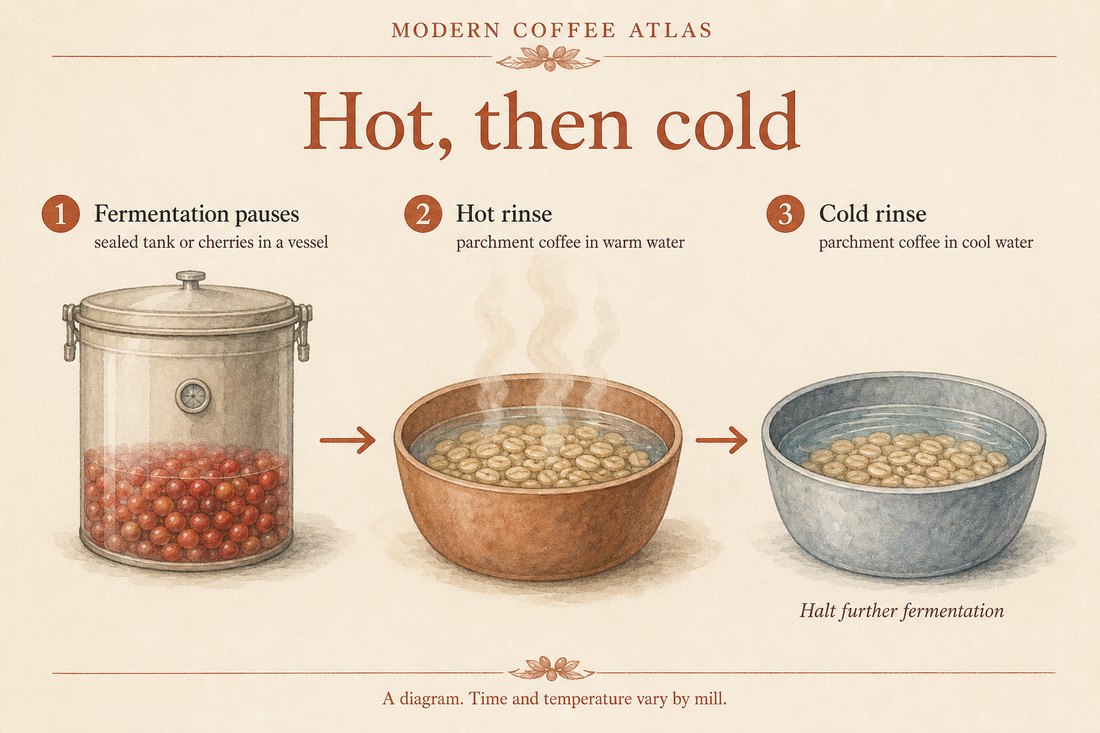 Three-step diagram: fermentation pauses, hot rinse, then cold rinse