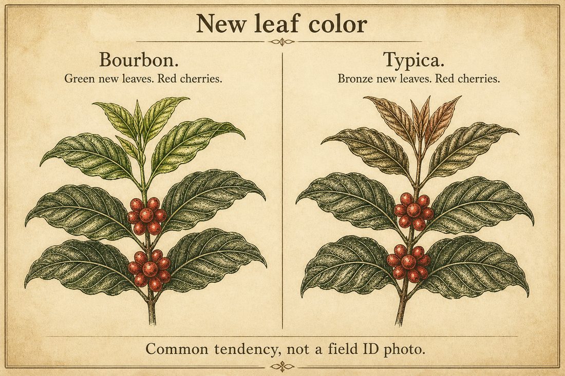 Bourbon commonly showing green new leaves compared with Typica commonly showing bronze-colored new leaves