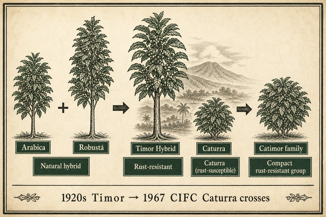 Arabica and robusta naturally hybridizing to produce Timor Hybrid, which was later crossed with Caturra to develop the Catimor family