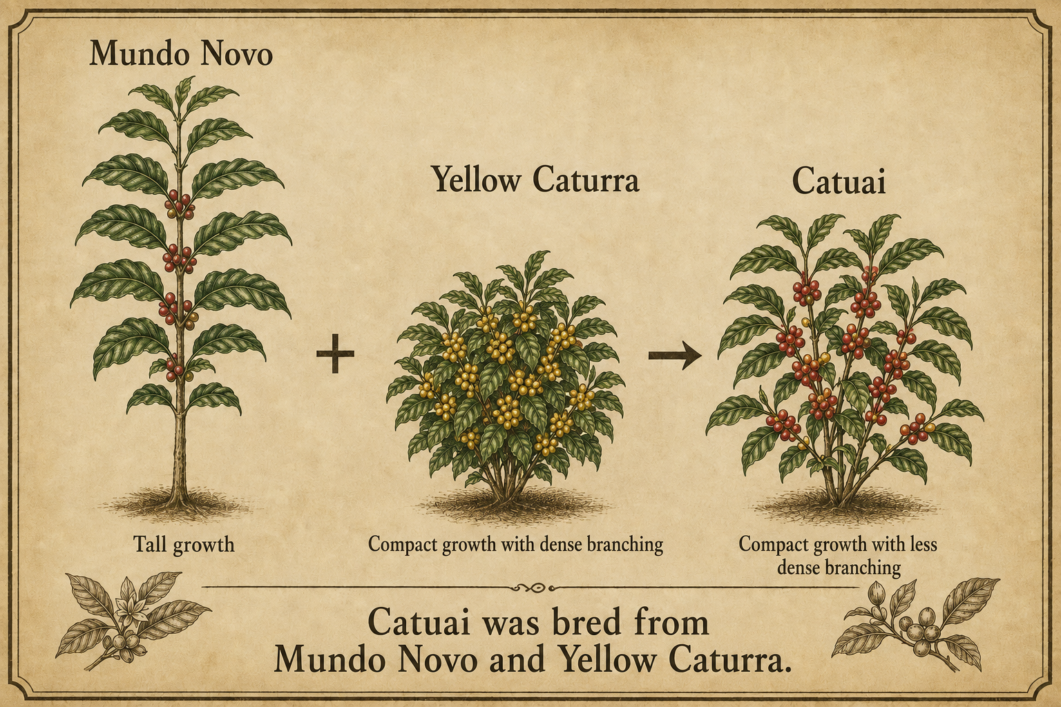 Tall Mundo Novo crossed with compact Yellow Caturra to produce Catuai