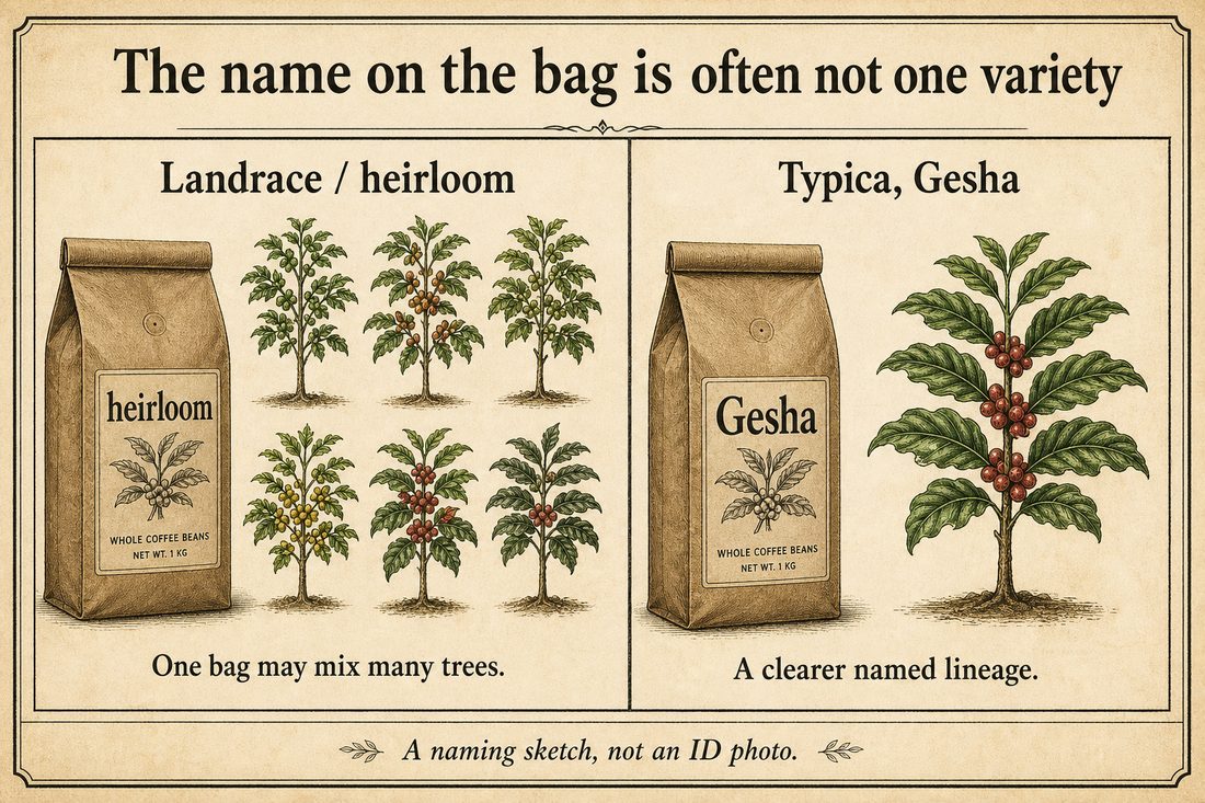 A mixed local coffee population labeled heirloom or landrace compared with a more traceable named variety