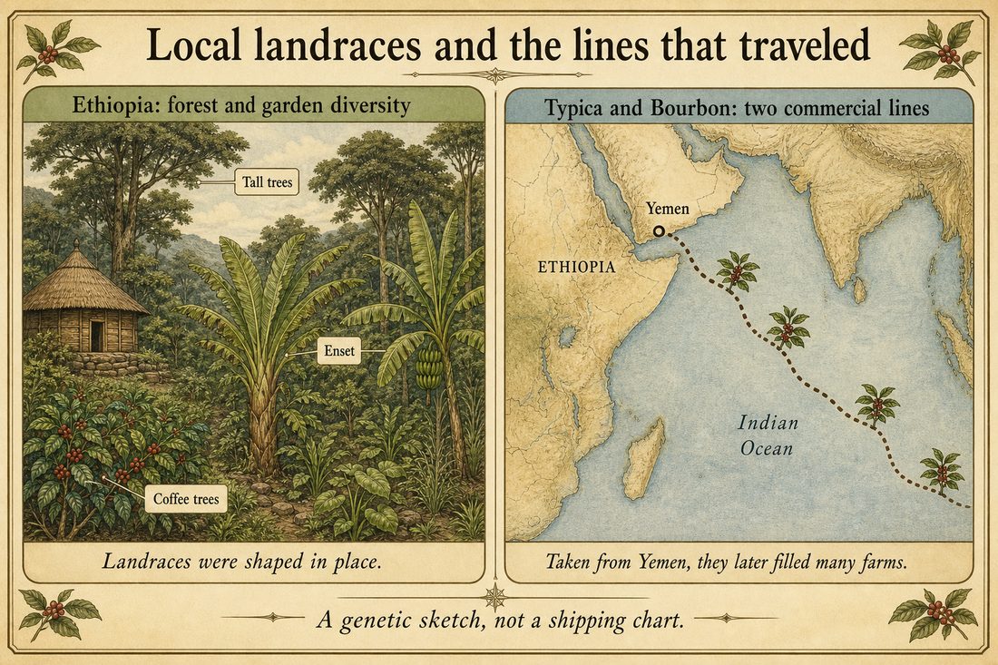 Broad Ethiopian landrace diversity compared with the narrower Typica and Bourbon lineages that spread through commercial coffee