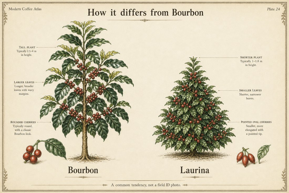 A tall Bourbon coffee tree compared with a shorter conical Laurina plant