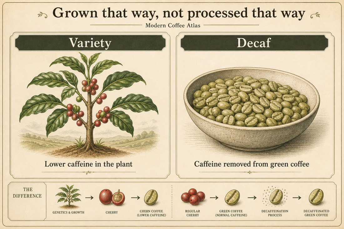 A coffee tree that is already lower in caffeine compared with green coffee later processed as decaf