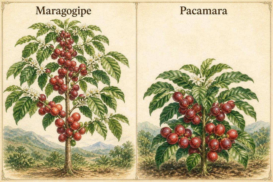 Tall Maragogipe tree on the left and compact Pacamara on the right, both bearing red coffee cherries