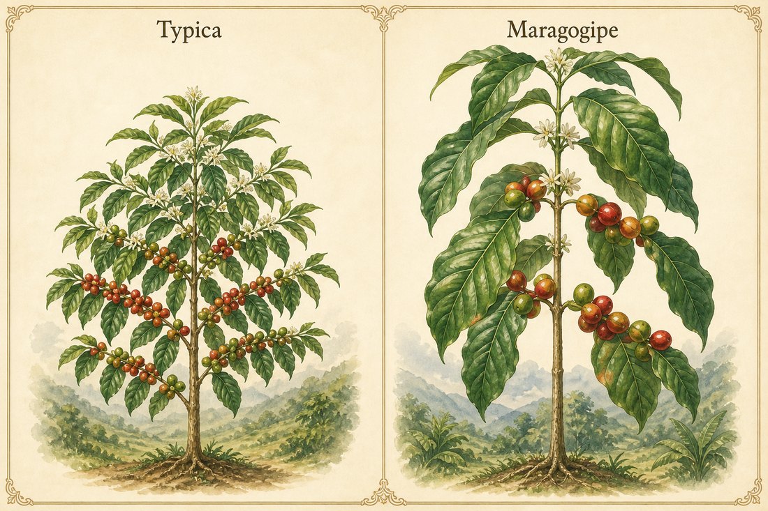 Typica plant beside a Maragogipe plant with larger leaves and cherries
