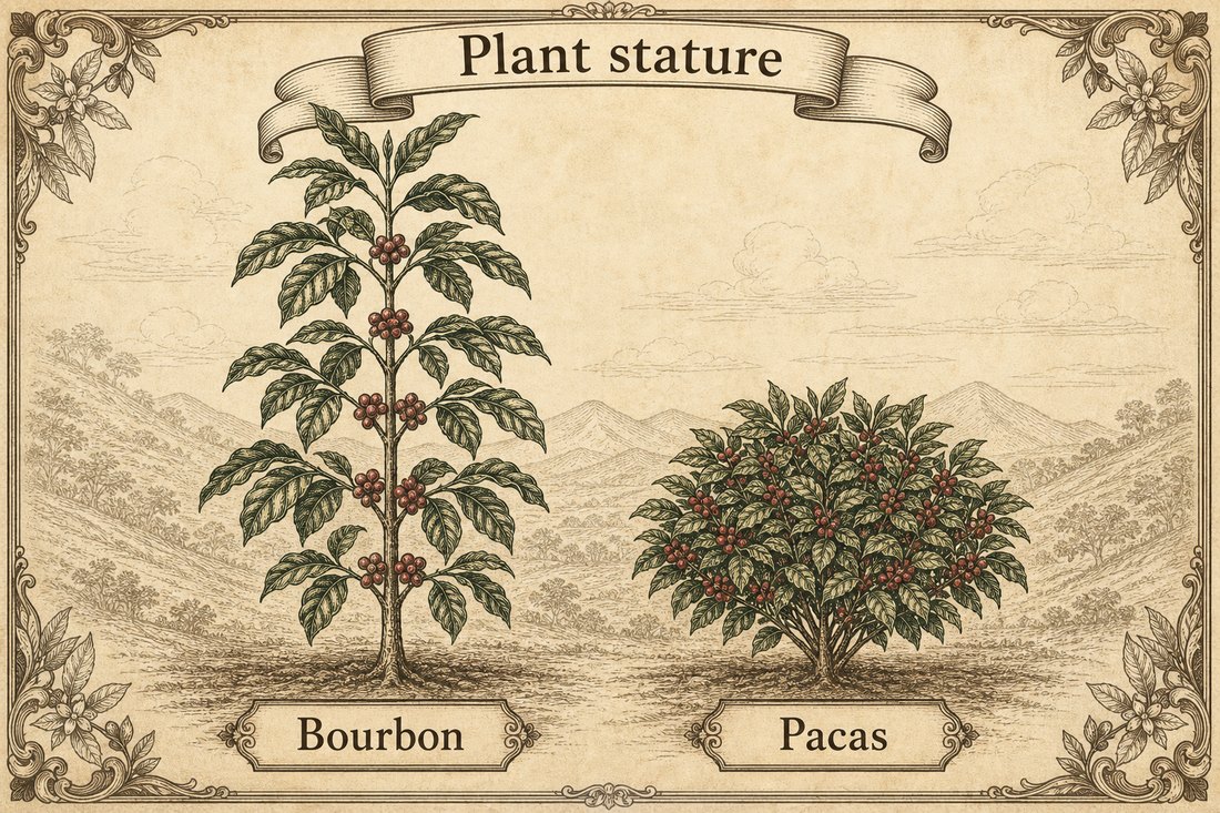 Tall Bourbon coffee plant beside a compact Pacas plant