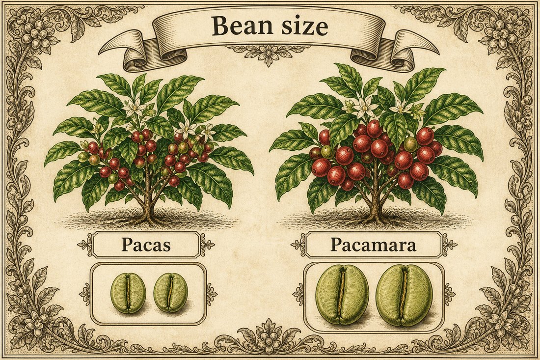 Compact Pacas with average-size beans beside compact Pacamara with very large beans