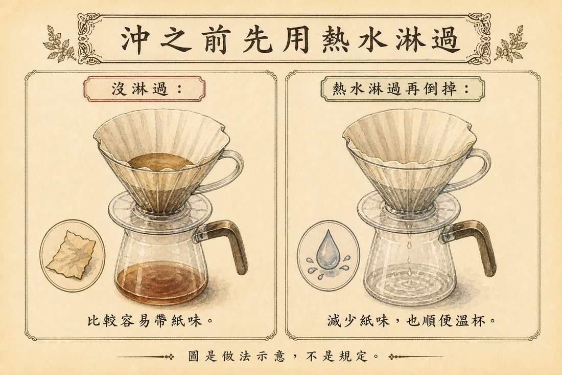濾紙沒淋過比較容易紙味，對上熱水淋過再倒掉的做法示意