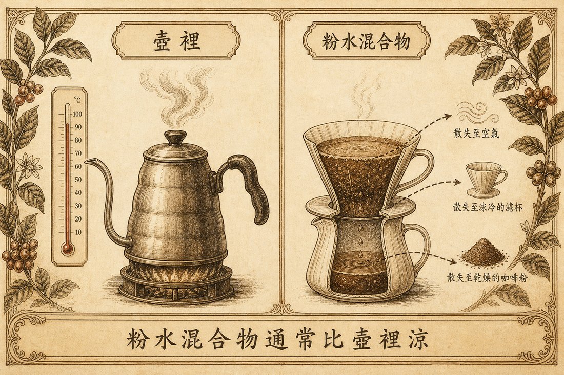 壺裡的水溫對上濾杯裡粉水混合物比較涼的示意