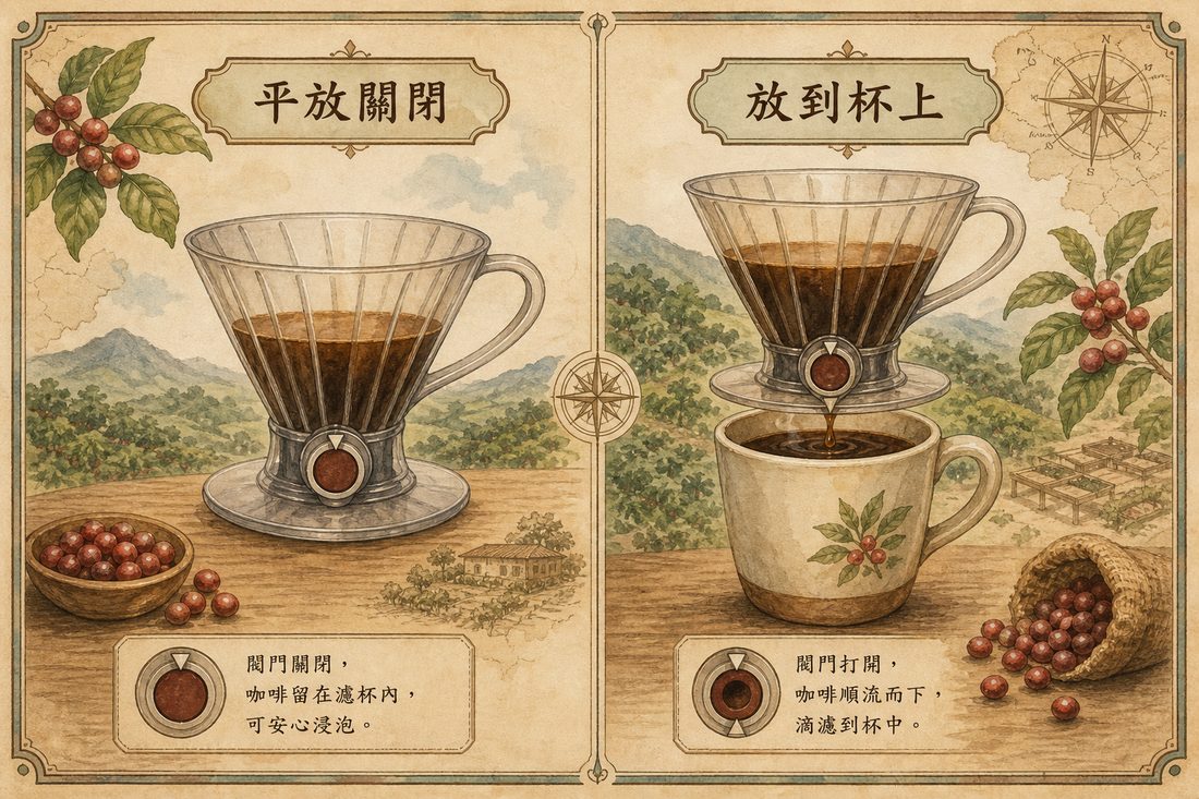 聰明濾杯平放時閥門關閉，放到杯子上閥門開啟的示意