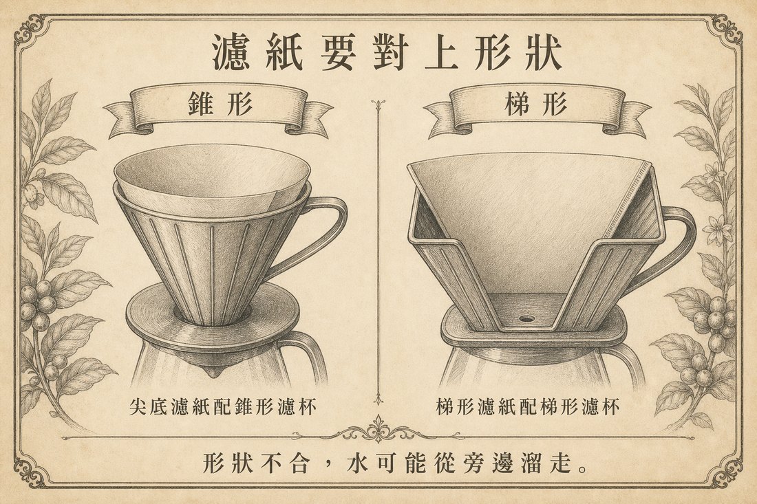 尖底濾紙搭配錐形濾杯，梯形濾紙搭配梯形濾杯