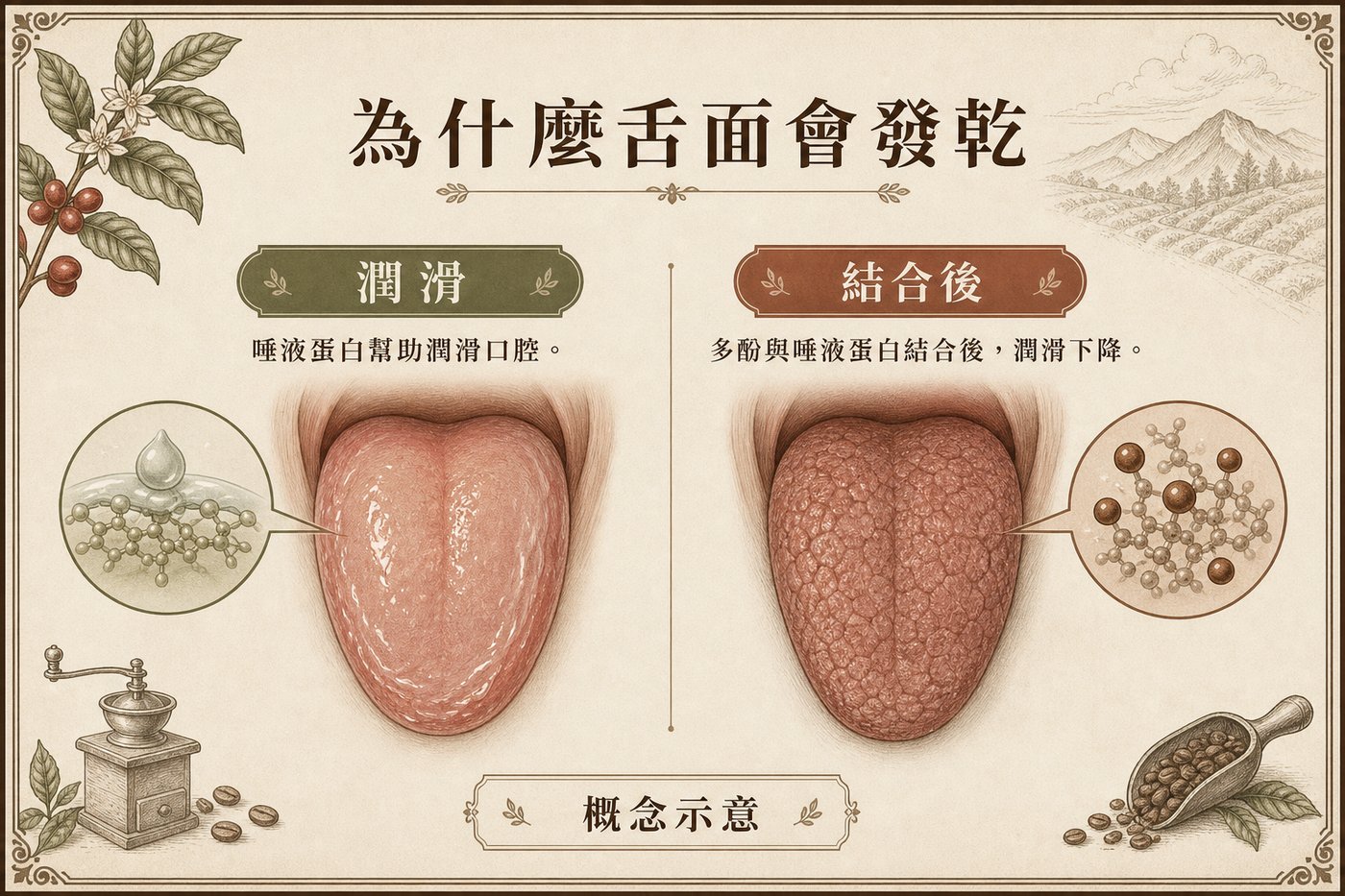 唾液蛋白幫助潤滑口腔，多酚與唾液蛋白結合後潤滑下降、舌面發乾的概念示意