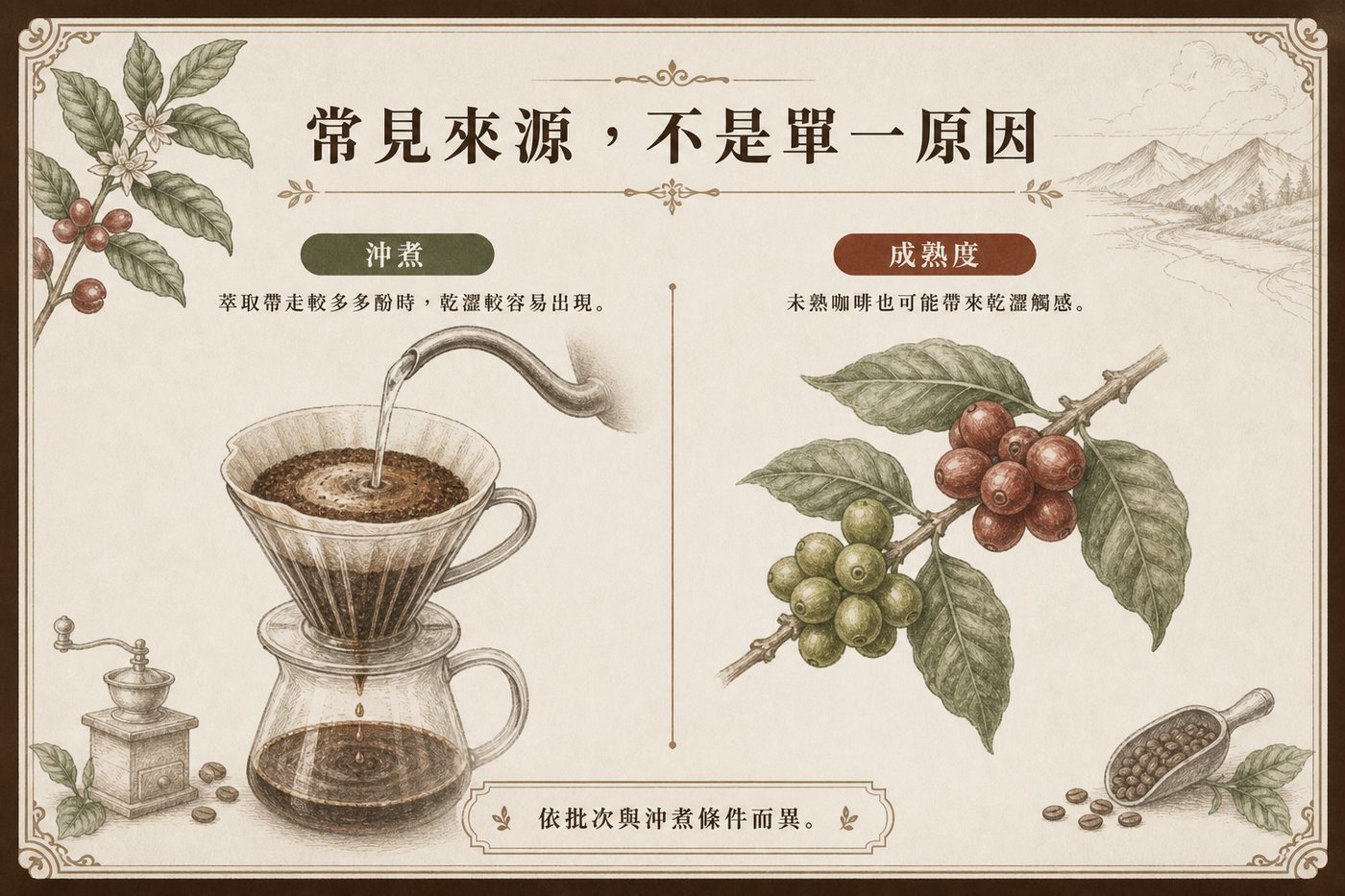 乾澀常見來源示意：萃取帶走較多多酚，以及未熟咖啡也可能帶來乾澀觸感