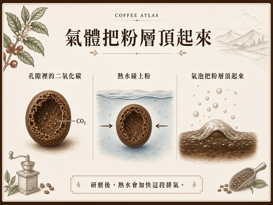 熱水碰上咖啡粉，孔隙裡的二氧化碳變成氣泡，把浸濕的粉層頂起來