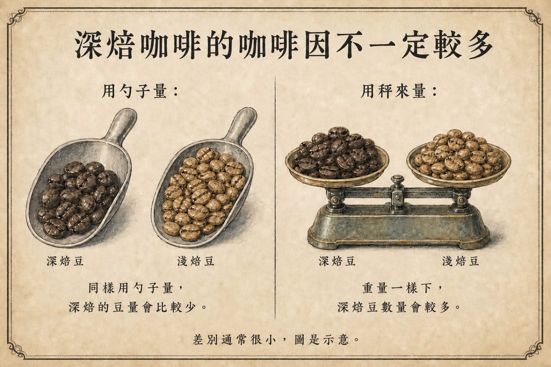 用勺子量與用秤量時，深焙咖啡的咖啡因不一定較多的示意