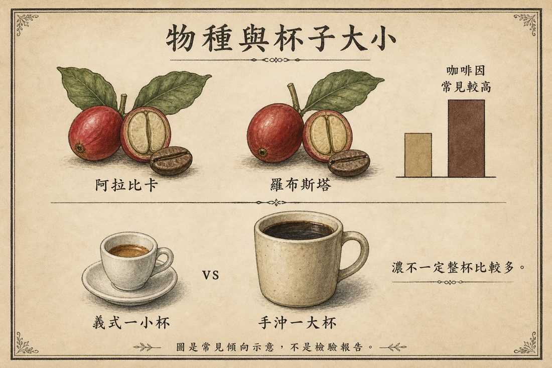 羅布斯塔咖啡因常見較高，以及義式小杯與手沖大杯的示意