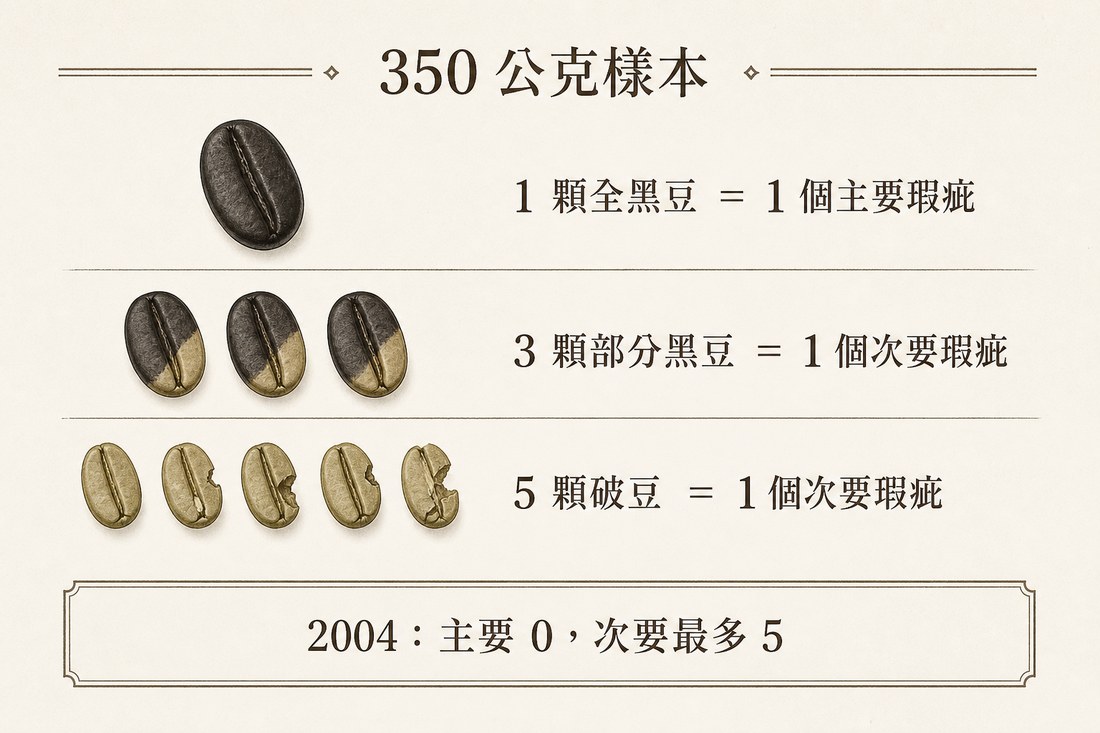 350 公克樣本裡，全黑豆、部分黑豆與破豆換成 full defect 的示意