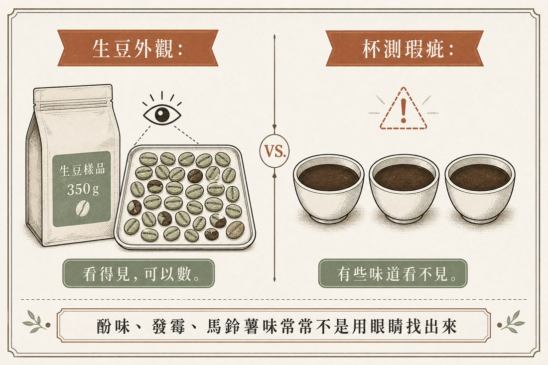 左邊用眼睛數生豆瑕疵，右邊三個杯測碗代表有些味道看不見