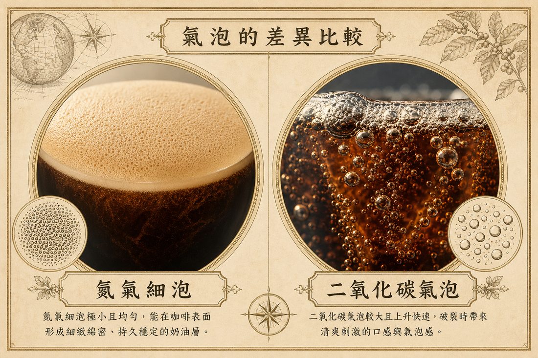 氮氣細泡形成較密泡沫，對上二氧化碳較大的氣泡