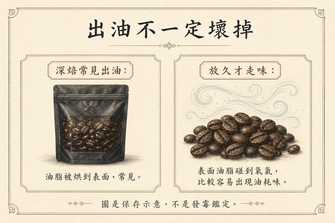 深焙常見出油，以及放久了油脂碰到氧氣才比較容易走味的示意