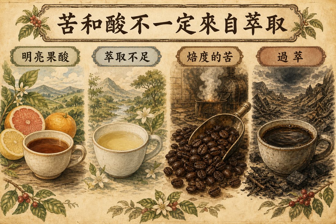 明亮果酸、萃取不足、焙度的苦、過萃四種來源並排示意