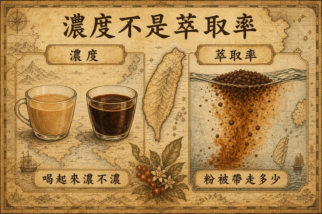 左邊兩杯一淡一濃代表濃度，右邊咖啡粉溶進水裡代表萃取率