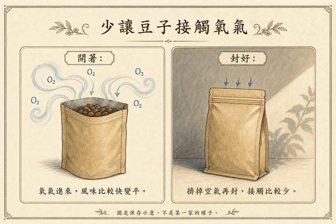 開著的咖啡袋接觸氧氣，以及擠掉空氣再封好的示意