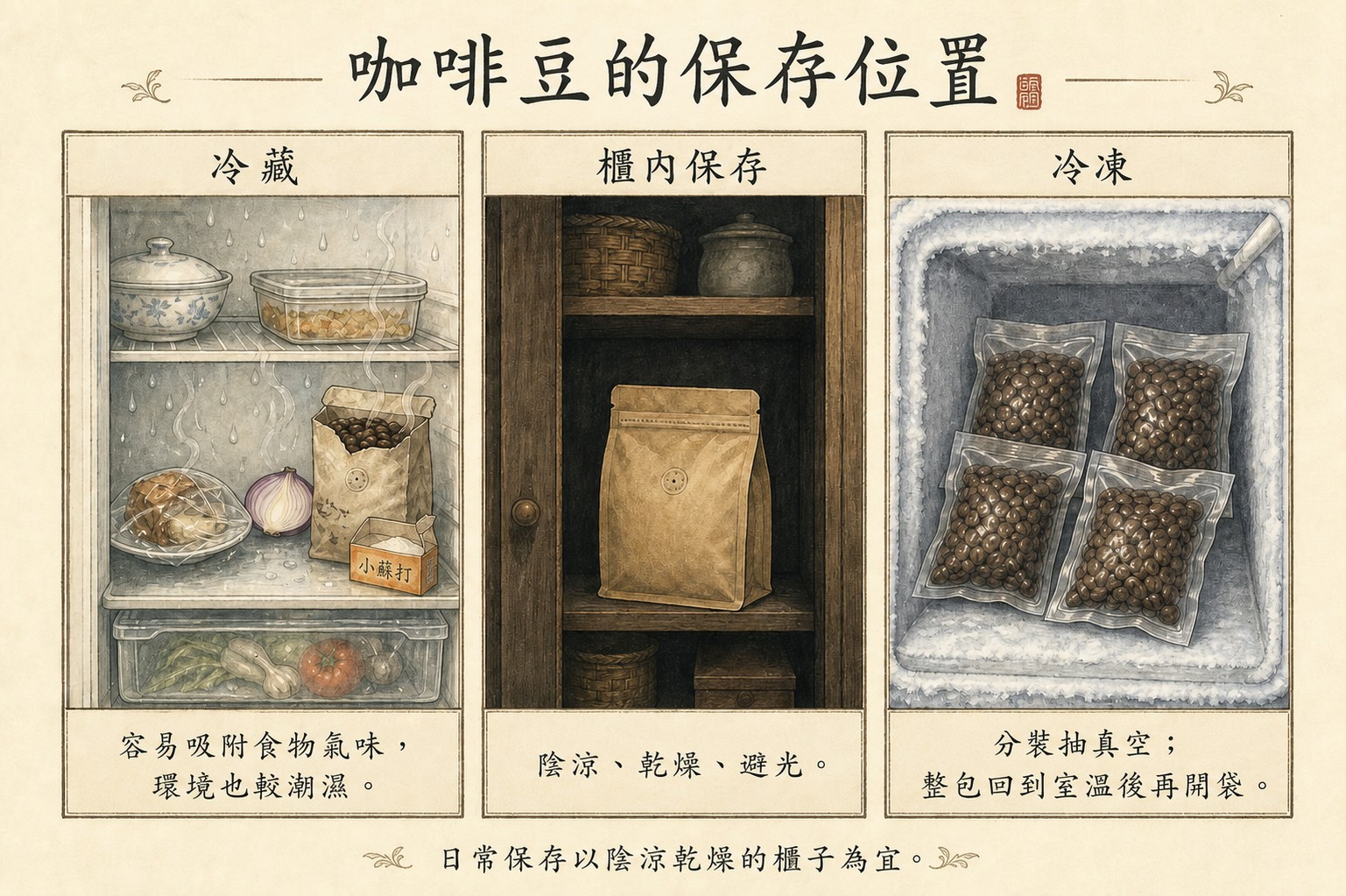 咖啡豆冷藏、放在陰涼乾燥的櫃內，以及抽真空分裝後冷凍的比較