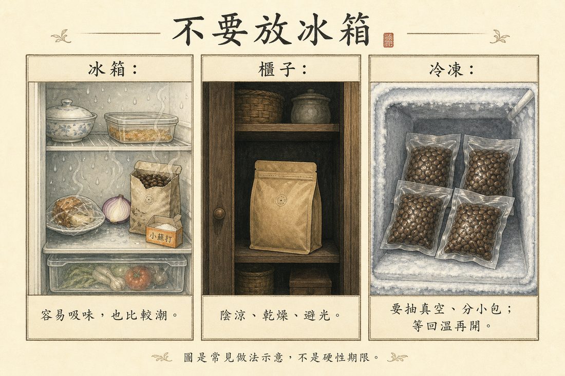 冰箱容易吸味受潮、櫃子陰涼乾燥、冷凍要抽真空分裝的示意