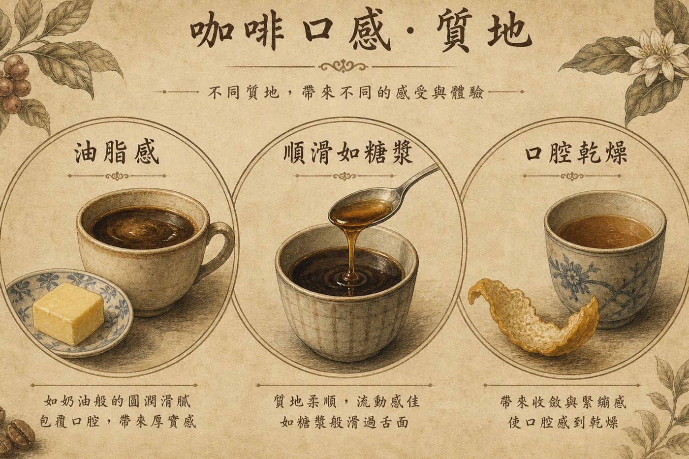 Oily silky syrupy and drying tactile descriptions used for coffee mouthfeel