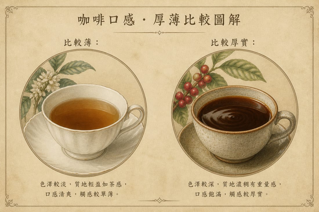 咖啡醇厚度示意：比較薄、像茶的液體，對上比較厚實的液體