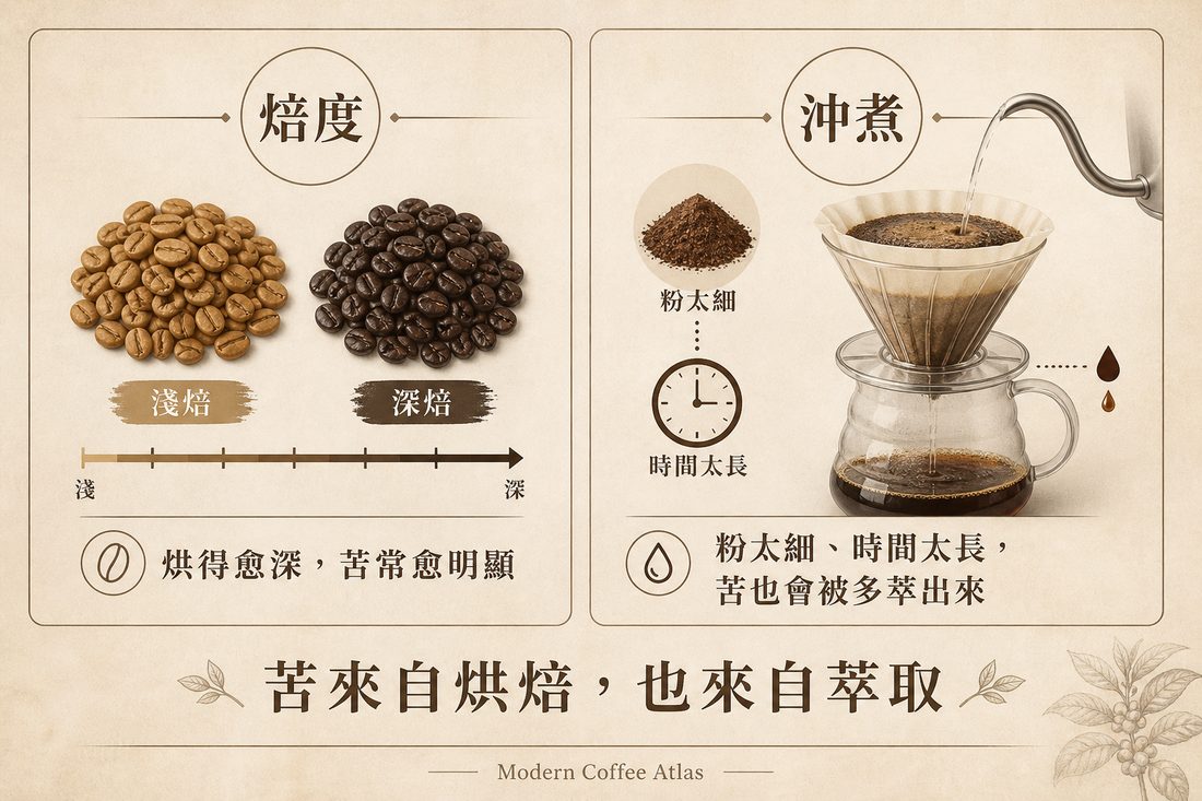 焙度加深讓苦較明顯，對上粉太細、時間太長也會把苦多萃出來