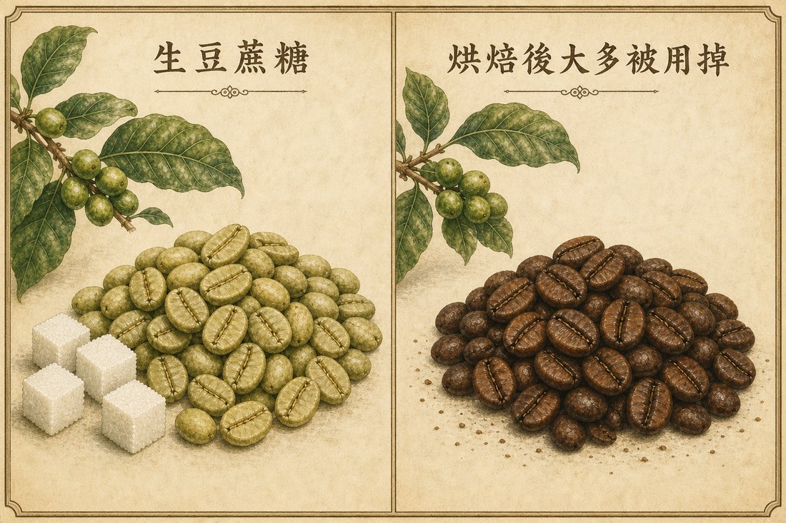 生豆中的蔗糖大多在烘焙過程中消耗，咖啡液中剩餘糖分的濃度常低於甜味辨識閾值