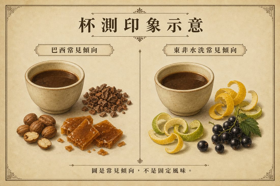巴西常見巧克力堅果、東非水洗常見明亮酸質的杯測印象示意