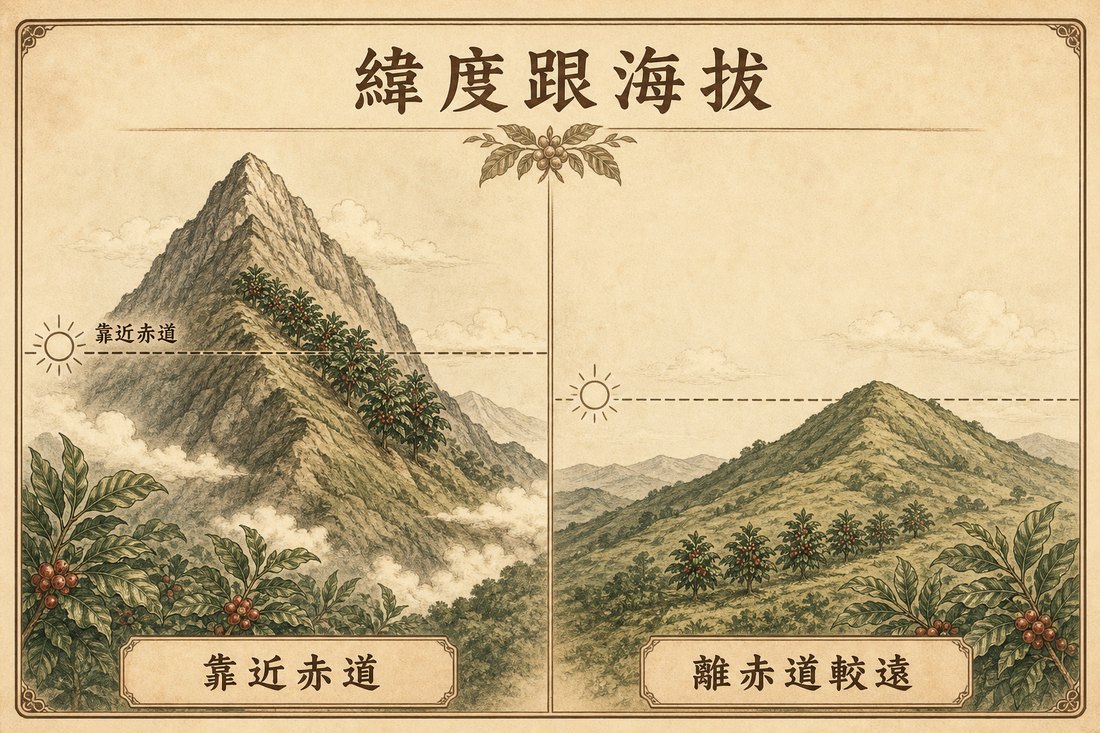 靠近赤道的咖啡種在較高山坡，離赤道較遠可以種在較低處