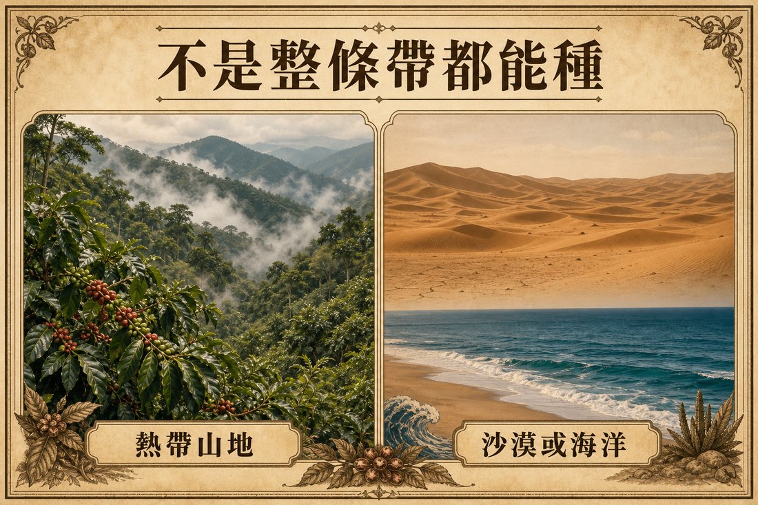 熱帶山地有咖啡樹，對上同一緯度帶裡的沙漠或海洋