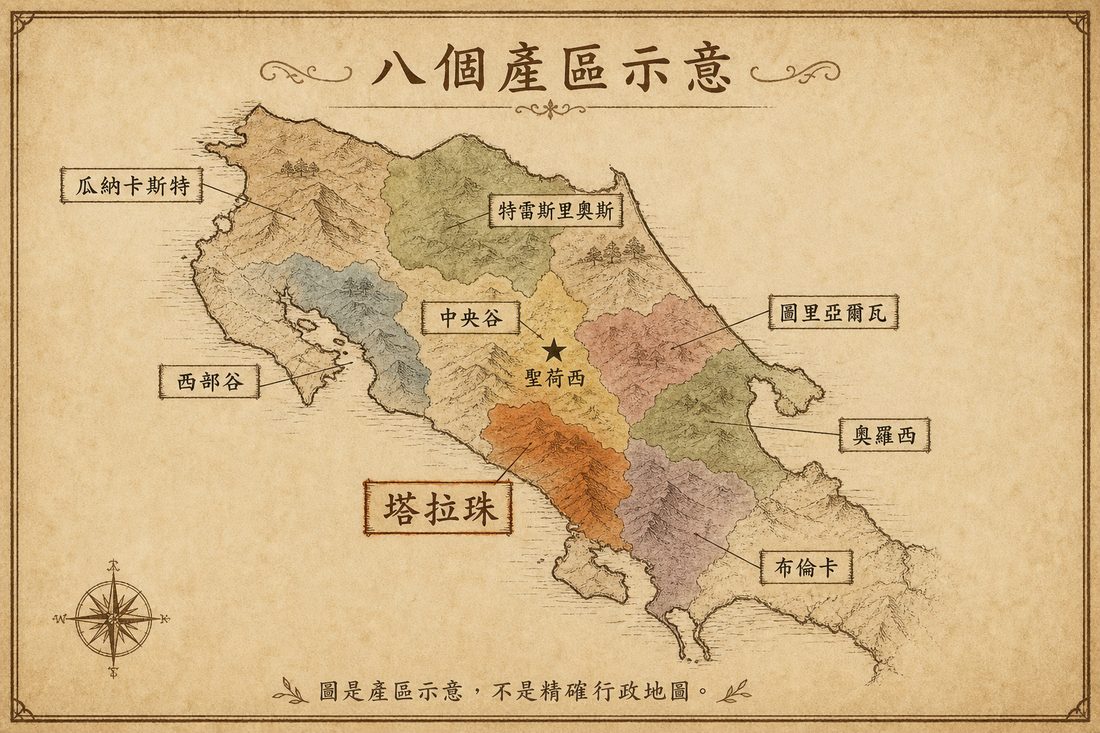 哥斯大黎加八個咖啡產區示意，聖荷西南方標出塔拉珠