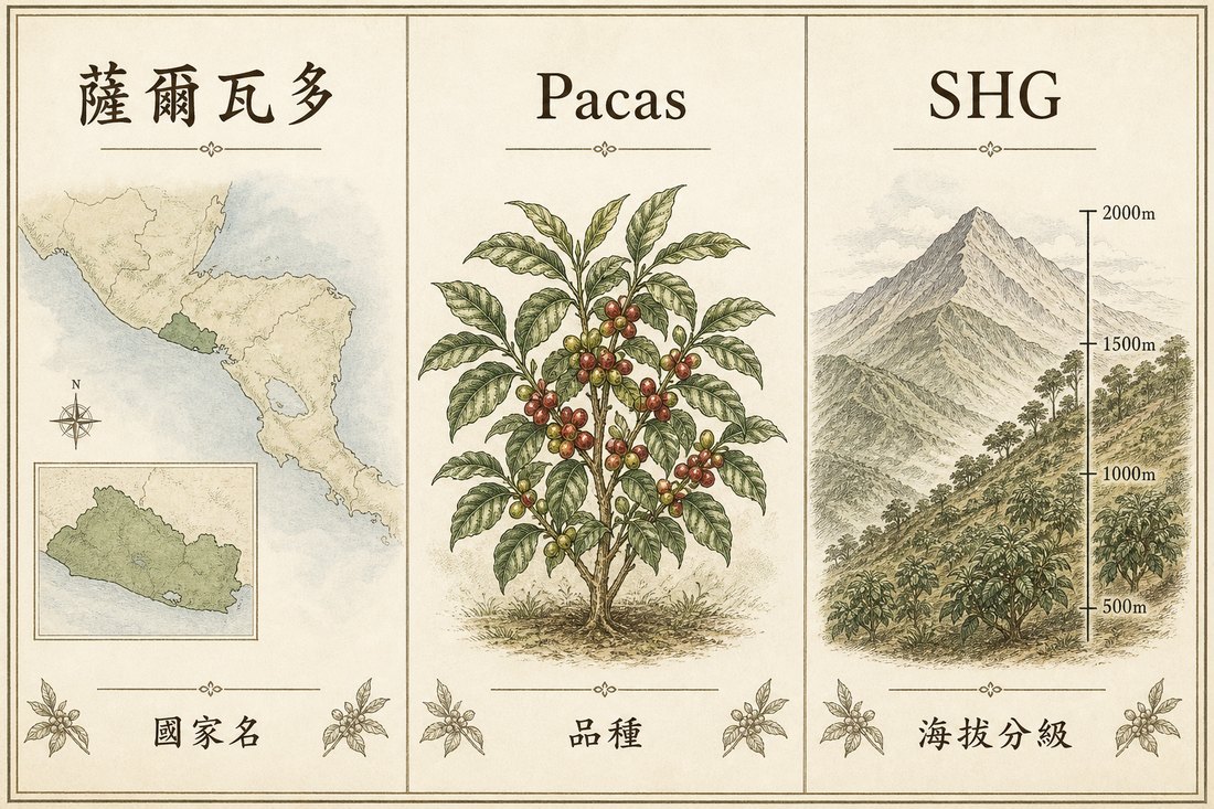薩爾瓦多是國家名，Pacas 是品種，SHG 是高海拔分級