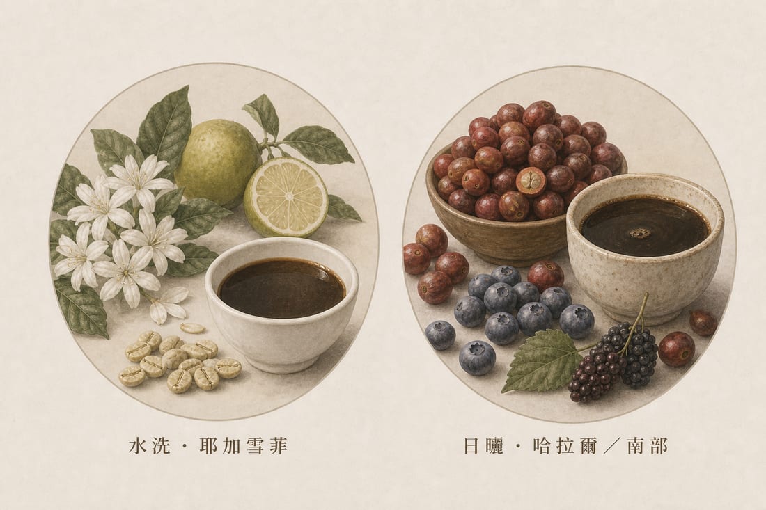 衣索比亞水洗常見花香柑橘、日曬常見莓果果醬的杯測印象示意