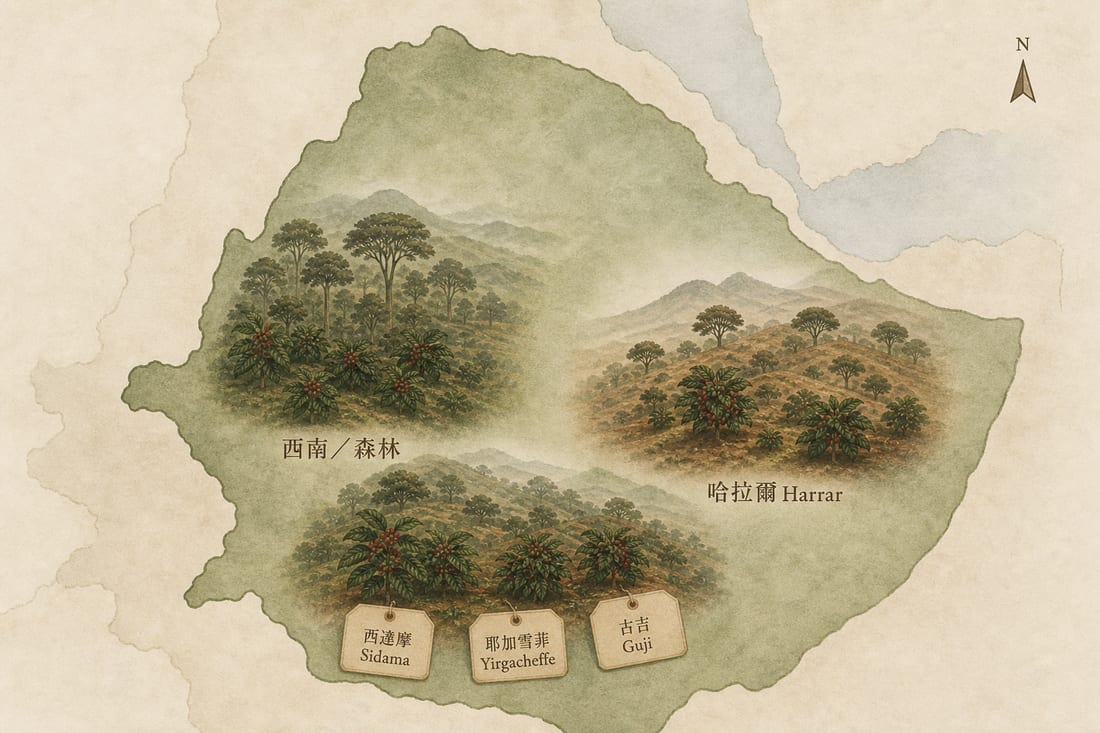 衣索比亞咖啡產區相對位置示意：西南森林、南部西達摩耶加雪菲古吉、東部哈拉爾