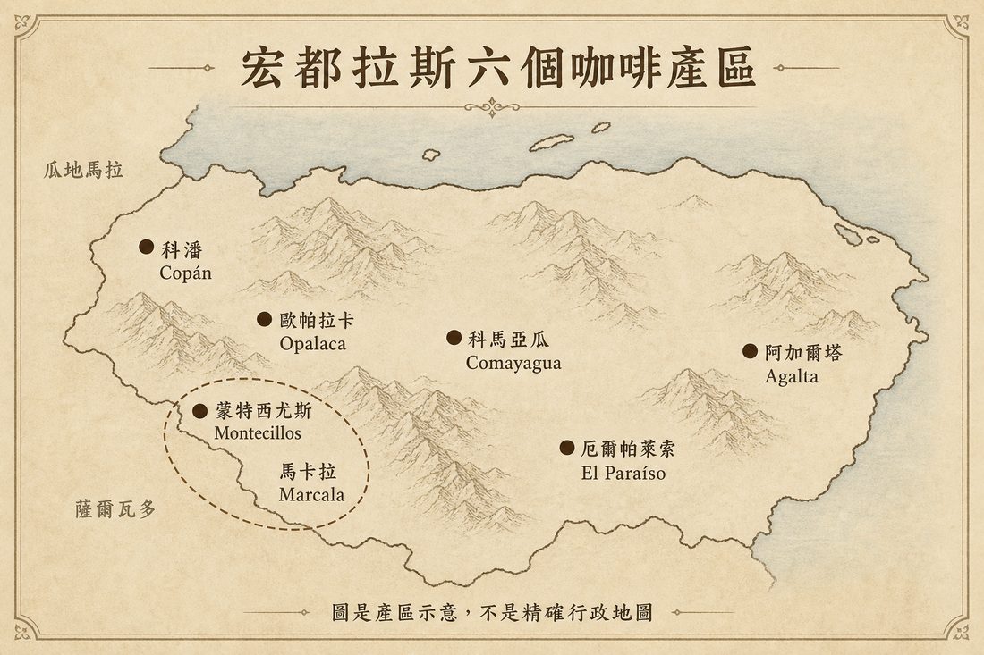 宏都拉斯六個咖啡產區示意，西南側標出 Marcala