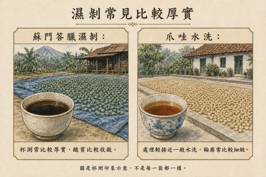 蘇門答臘濕剝常見厚實，對上爪哇水洗較細緻的杯測印象示意