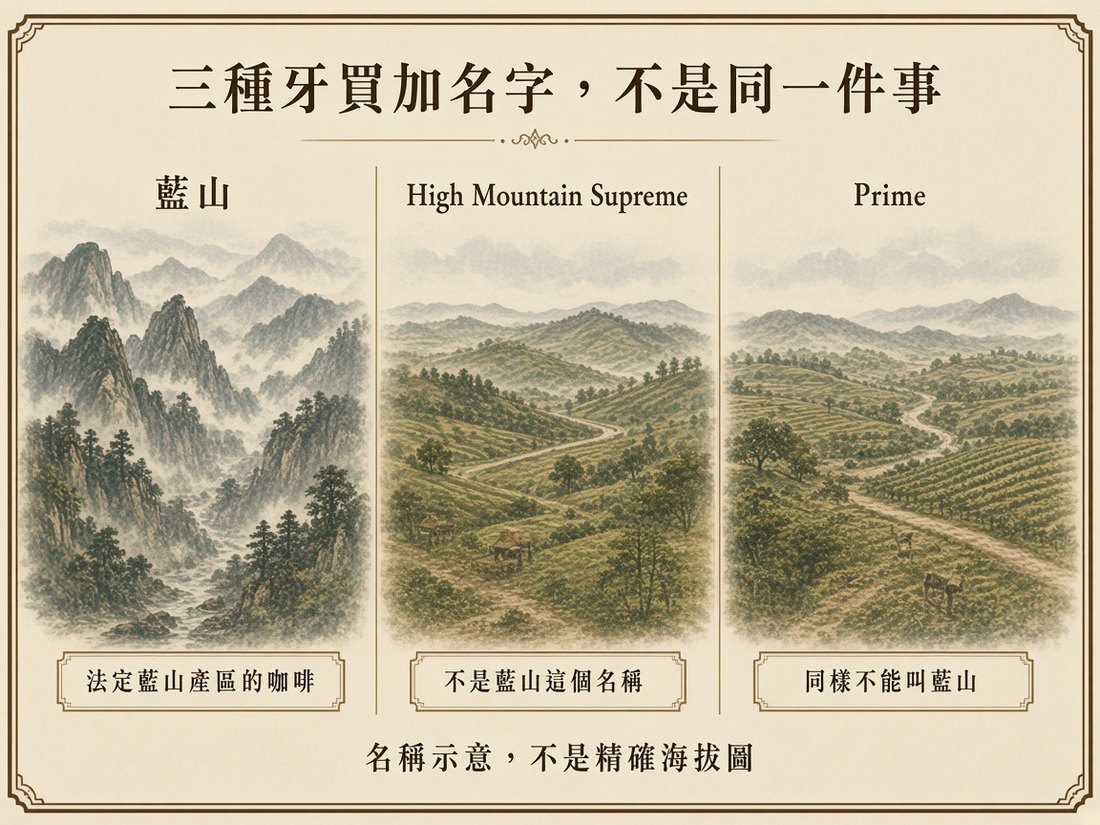 牙買加藍山、High Mountain Supreme 與 Prime 是三種不同名稱，不是同一種咖啡